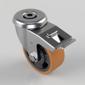 Swivel caster wheel with orange polyurethane tire and metal brake lever on a gray mounting plate