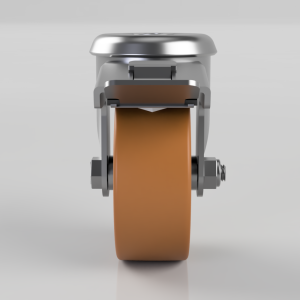 Front view of a metal swivel caster with a brown rubber wheel and braking mechanism.