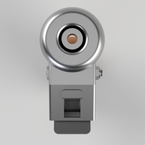 Front view of a metallic adjustable camera/sensor mounted on a grey bracket, lens centered.