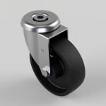 Swivel caster wheel with a chrome metal housing and a black polyurethane tire for furniture mobility.