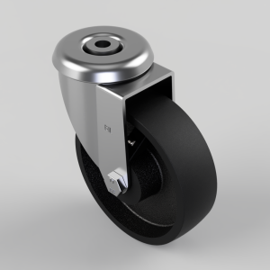 Swivel caster wheel with a chrome metal housing and a black polyurethane tire for furniture mobility.