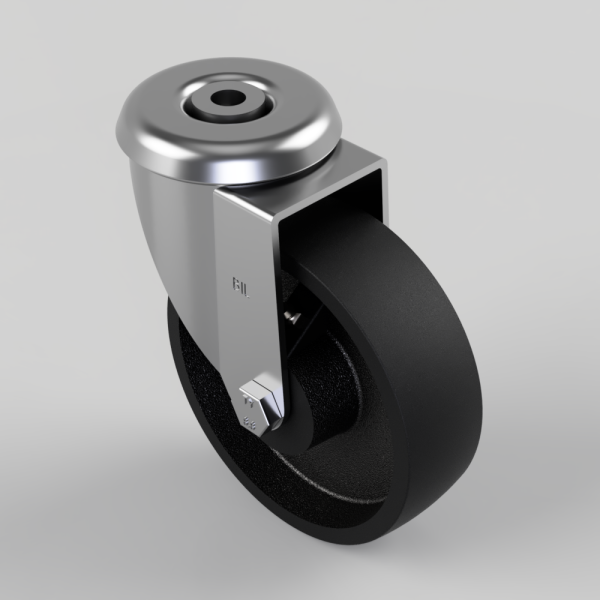 Swivel caster wheel with a chrome metal housing and a black polyurethane tire for furniture mobility.