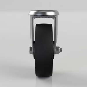 Front view of a silver-bracket caster wheel with a black rubber tire on a light gray background, polished metal mounting hardware visible.