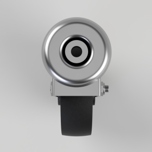 Front view of a small metallic circular camera mounted on a black strap.