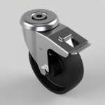 Industrial swivel caster wheel with a metal mounting bracket and brake lever on top, black polyurethane wheel, silver housing, viewed at an angle.