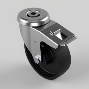 Industrial swivel caster wheel with a metal mounting bracket and brake lever on top, black polyurethane wheel, silver housing, viewed at an angle.