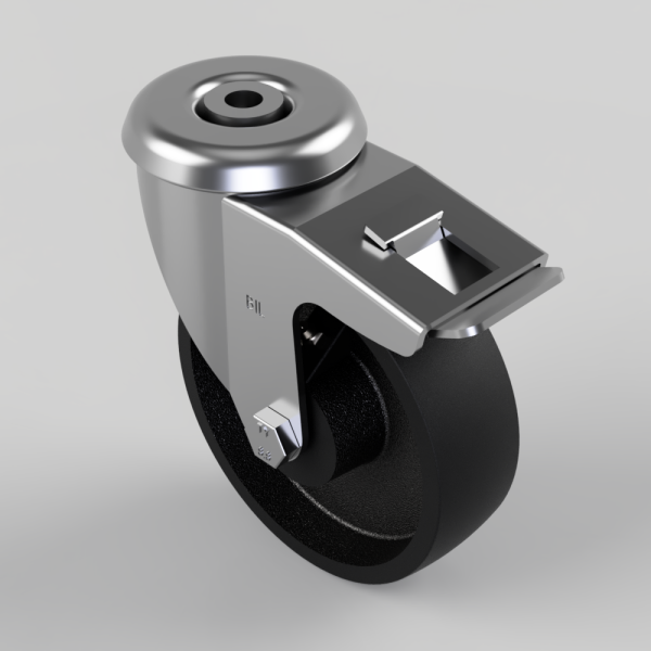 Industrial swivel caster wheel with a metal mounting bracket and brake lever on top, black polyurethane wheel, silver housing, viewed at an angle.