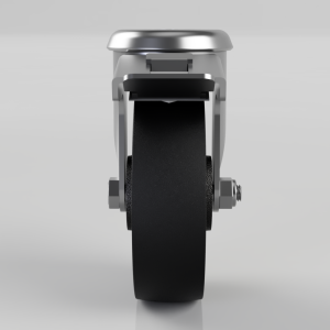 Front view of a metal caster wheel with a black rubber tire and brake lever, seen head-on.
