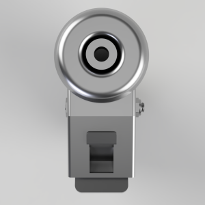Front-facing view of a metallic mechanical device with a large circular wheel on top mounted to a rectangular base.
