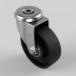 Swivel caster wheel with metal housing and a black rubber wheel, shown in a CAD-style render.