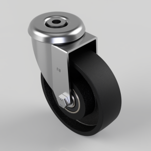 Swivel caster wheel with metal housing and a black rubber wheel, shown in a CAD-style render.