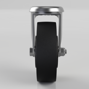 Front view of a heavy-duty caster with a wide black wheel mounted in a silver metal frame and a threaded stem on the right side