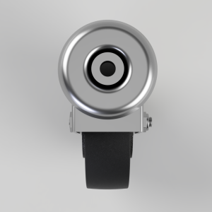 Front view of a silver circular camera lens mounted on a small gray bracket with a black strap beneath it, as if worn on the wrist or attached to gear.