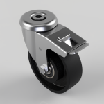 Metal swivel caster wheel with a black rubber tire and a silver brake/lock lever on top, used for furniture or equipment carts.