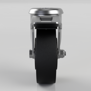 Close-up of a metal caster wheel with a brake lever and mounting bolt on a gray background (industrial hardware).