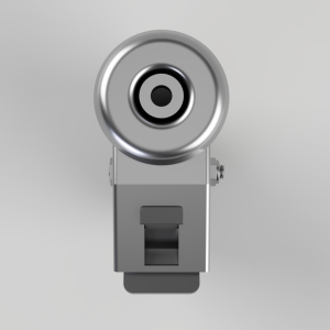 Top-front view of a silver adjustable camera mount with a circular disc at the top, like a mounting wheel.