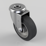 Swivel caster wheel with metal housing and black rubber tire, mounted to a stem, shown from a top-right angle