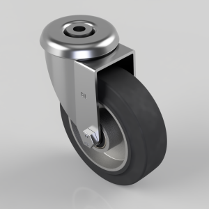 Swivel caster wheel with metal housing and black rubber tire, mounted to a stem, shown from a top-right angle