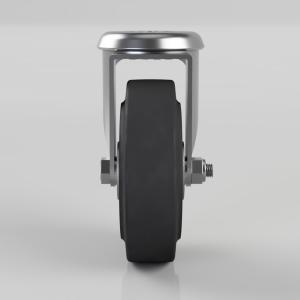 Front view of a heavy-duty caster wheel with a black solid tire and chrome swivel housing against a gray background, photographed head-on.