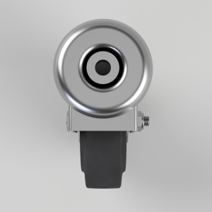Front view of a metal caster wheel with a grey metal wheel and black rubber tire mounted to a small bracket on a neutral background.