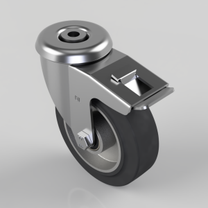 Swivel caster wheel with a metal brake lever on a rectangular mounting plate.