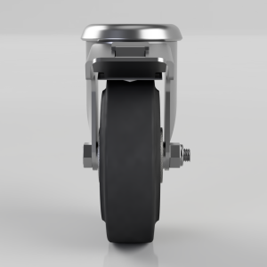 Front view of a metal caster wheel with a black solid tire and a locking brake lever, as on a cart or trolley.