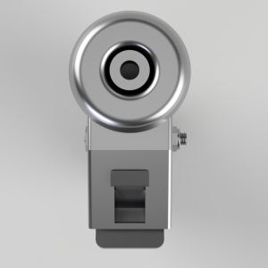 Front view of a silver metal roller wheel assembly mounted on a rectangular bracket.