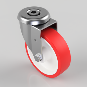 Swivel caster wheel with a red polyurethane tire and white hub, mounted on a metal bracket with a chrome finish.