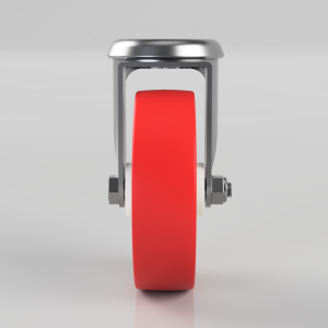 Front view of a heavy-duty caster wheel with a red polyurethane wheel and metal frame in silver/gray.