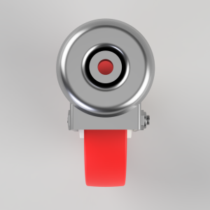 Front view of a silver circular camera lens mounted on a gray base with a bright red strap below.