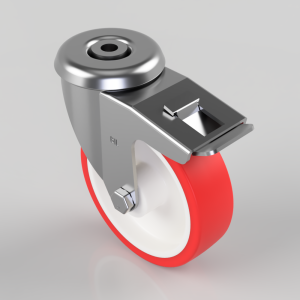 Swivel caster wheel with a red polyurethane tire and metal brake lever on top, shown against a light background.