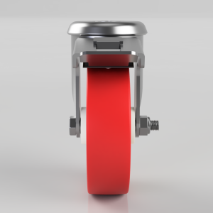 Close-up of a red rubber caster wheel with a metal mounting bracket and brake mechanism on top of a smooth gray background.