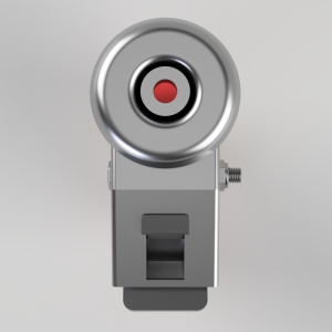 Front view of a silver industrial limit switch with a circular roller on top and a gray housing.