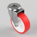 Swivel caster wheel with a red polyurethane tire and a silver metal mounting bracket.