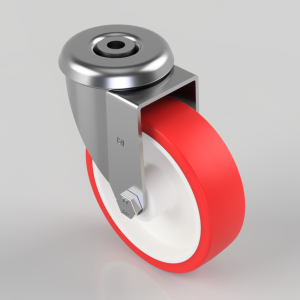 Swivel caster wheel with a red polyurethane tire and a silver metal mounting bracket.