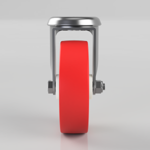 Front view of a red caster wheel mounted in a silver metal frame with bolts on each side