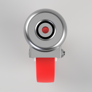 Close-up of a round metallic camera/sensor mounted on a gray bracket with a red strap behind it, viewed from the front.