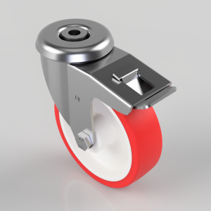 Swivel caster wheel with red rubber tire and metal mounting bracket.