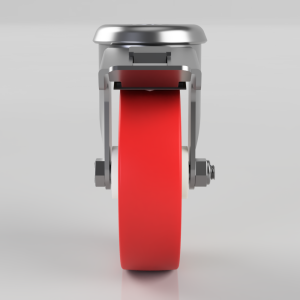 Front view of a metal caster wheel with a bright red tire used on carts or equipment.