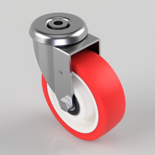 Industrial swivel caster with a red polyurethane wheel and metal mounting bracket