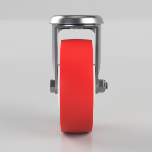 Red polyurethane caster wheel with metal mounting bracket, viewed head-on.