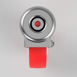Close-up of a silver, circular camera head or sensor mounted on a gray bracket with a red strap hanging below.