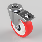 Swivel caster wheel with red polyurethane tire and metal brake/lock lever on top for securing movement.