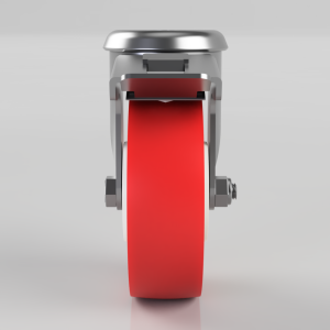 Front view of a metal strap tensioner/tool with a bright red belt being fed through the mechanism.