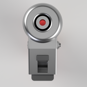 Front view of a metallic security camera lens mounted on a gray industrial bracket with a red center. Infill shows a circular chrome head over a rectangular base, angled slightly downward.