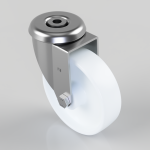 Industrial swivel caster with a chrome metal housing and a white polyurethane wheel; suitable for heavy equipment or furniture.