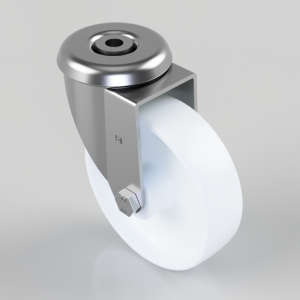 Industrial swivel caster with a chrome metal housing and a white polyurethane wheel; suitable for heavy equipment or furniture.