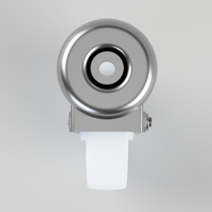 Frontal view of a silver camera lens mounted on a white strap against a pale gray background, in a close-up render.