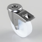 Metal swivel caster with a white wheel and a brake lever on the metal housing, used for furniture or equipment.