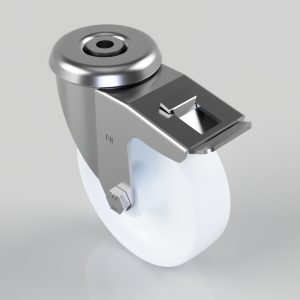 Metal swivel caster with a white wheel and a brake lever on the metal housing, used for furniture or equipment.